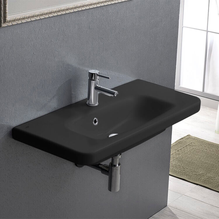CeraStyle 033307-U-97-One Hole Rectangle Matte Black Ceramic Wall Mounted Sink or Drop In Sink